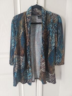 Open-Front Patterned Cardigan Sweater in Teal and Brown